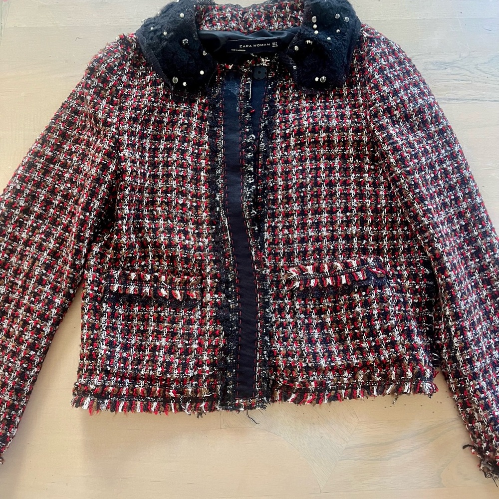 Zara Red and Black Blazer with Tweed Design